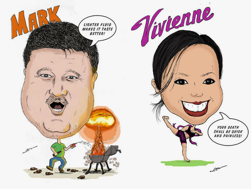 caricatures of 2 coworkers Mark and Vivienne
