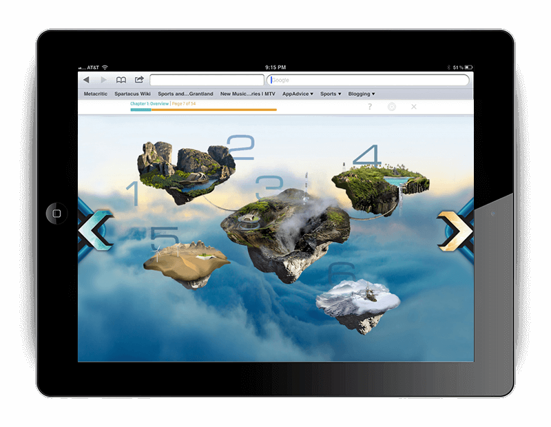 Excerpt of UL's responsive EduFlex eLearning software showing virtual roadmap capabilities where learners experience chapters in a 3D world. *My design with page arrow elements created by my design team. Copyright 2023 EduNeering Holdings, Inc.